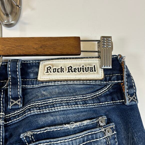 Rock Revival Taye Straight Leg Jeans Medium Wash Distressed Y2K Bling Denim  27 - Picture 3 of 11